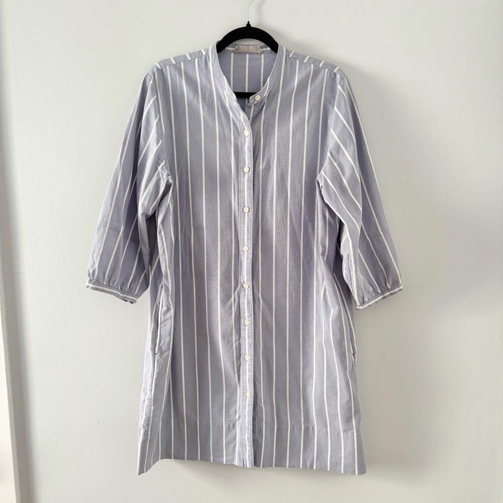 Everlane Pinstripe Shirtdress 3/4 Sleeve Mini Lightweight Button-Up Blue
